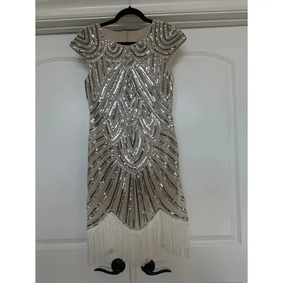 Vintage 20’s Silver and White Beaded and Sequins Flapper dress with Fringe - Picture 6 of 9